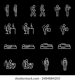 Good posture, white line icons. Correct ergonomic human poses. Essential for health and wellness themes. Symbols on black background. Editable stroke.