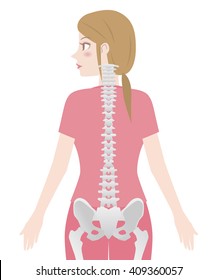 Good posture, woman's body silhouette and backbone, chiropractic image, vector illustration