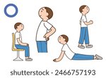 Good postures for back pain. Cartoon style character illustration clip art. 