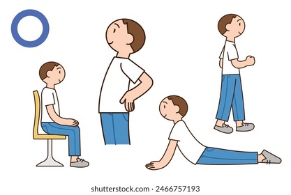 Good postures for back pain. Cartoon style character illustration clip art. 