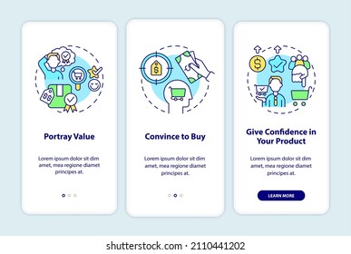 Good pricing strategy characteristics onboarding mobile app screen. Walkthrough 3 steps graphic instructions pages with linear concepts. UI, UX, GUI template. Myriad Pro-Bold, Regular fonts used