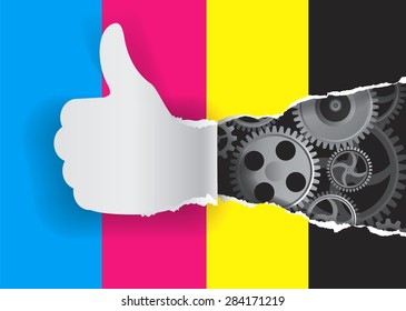 Good printing machine.
Paper silhouette Gesturing  thumbs up with gear with print colors. Concept for presenting of color printing. Vector illustration.
