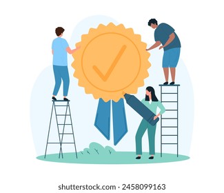 Good product quality approval with warranty badge. Tiny people approve customers choice and proposal, characters holding marker and guarantee seal with tick sign and ribbon cartoon vector illustration