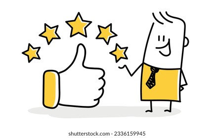 Servicio de calidad, excelente respuesta de los clientes. Empresario con gran pulgar arriba y 5 estrellas de clasificación. Figura de palo. Estilo Doodle. Ilustración vectorial.