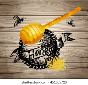 Good quality texture watercolor, icons honey bank bee ink, ink flower, hand lettering. Premium quality wood texture. Realistic vector ornament with text labels. Art work. Flat objects watercolor
