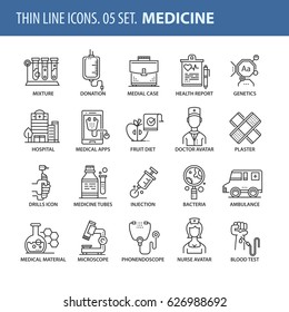 Conjunto de iconos de línea delgada de buena calidad. Elementos aislados sobre fondo blanco para sus proyectos. Hospital y medicina.