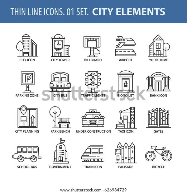 Good quality thin\
line icons set. Isolated elements on white background for your\
projects. City and\
streets.