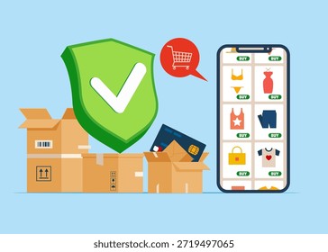 Buena recomendación. Tienda en línea confiable. Almacenar con marca de verificación verde. Compras en línea usando el teléfono móvil. Usted elige los productos para comprar en línea. Ilustración vectorial plana. 