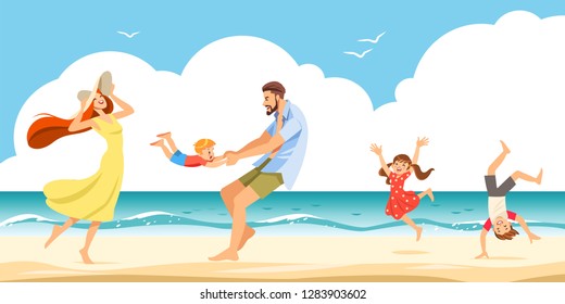 Good relations in family. The cheerful family taking a rest on a sandy shore in the seaside. Vector illustration