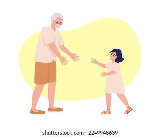 Good relationship with grandfather 2D vector isolated illustration. Grandpa extending hands to girl flat characters on cartoon background. Colorful editable scene for mobile, website, presentation
