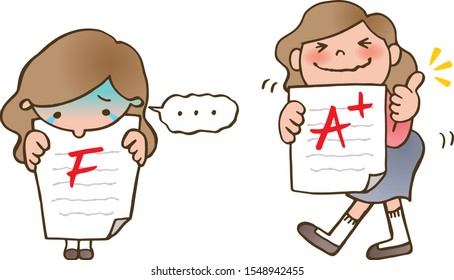 Good result of the test and bad result, illustration of the girl.