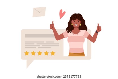 Good review, customer feedback and online survey opinion for consumer experience. Young woman with happy smile voting with thumbs up, 5 stars for best product or service cartoon vector illustration