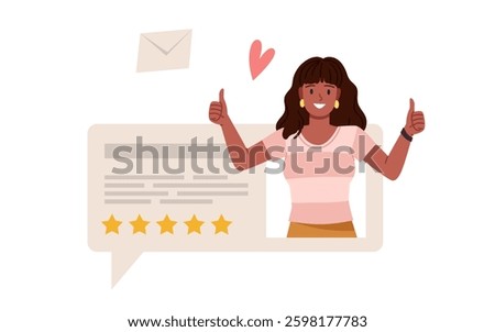 Good review, customer feedback and online survey opinion for consumer experience. Young woman with happy smile voting with thumbs up, 5 stars for best product or service cartoon vector illustration