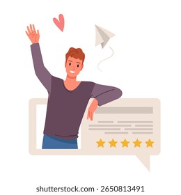 Boa revisão, feedback de clientes de jovens estudantes de classificação 5 estrelas e depoimento de qualidade do produto. Comentário positivo nas mídias sociais para melhor escolha com retrato de homem feliz desenho animado vetor ilustração