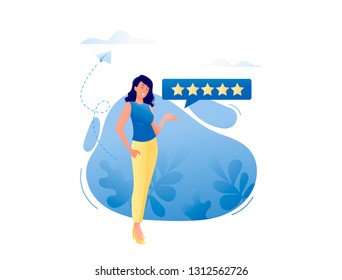 Good review - happy smiling woman leaving five stars for online product or service. Reviews, about us, good work contented consumer concept. Flat vector illustration for web, landing page, banner