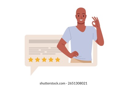 Good review, online customer feedback with five rating stars and opinion text. Speech bubble with happy man waving hand and positive comment of product satisfaction cartoon
