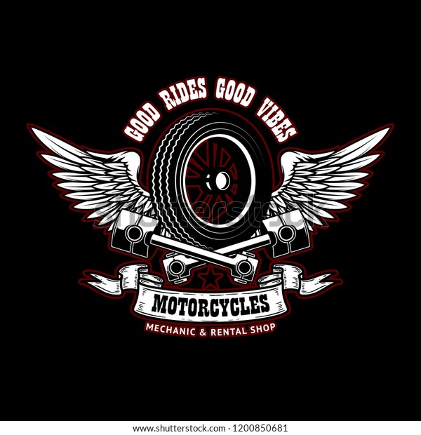 Good rides good vibes. Emblem template with\
winged wheel and pistons. Design element for poster, logo, label,\
sign, t shirt. Vector\
illustration