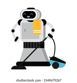 Good robot home assistant vacuuming. Vector illustration.