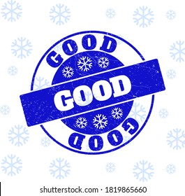 Sello de sello redondo en el fondo invernal con copos de nieve. Impresión de caucho vectorial azul con texto bueno con textura de polvo para Año Nuevo. Grunge la impresión de sellos de texto con textura gruesa.