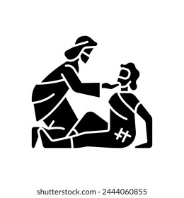 Good samaritan black glyph icon. Parable told by Jesus Christ. Samaritan helps injured traveler. Human salvation. Silhouette symbol on white space. Solid pictogram. Vector isolated illustration svg