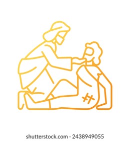 Good samaritan gradient linear vector icon. Parable told by Jesus Christ. Samaritan helps injured traveler. Thin line color symbol. Modern style pictogram. Vector isolated outline drawing svg