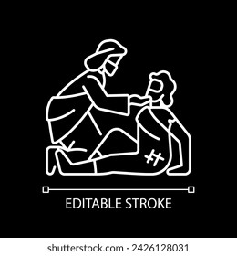 Good samaritan white linear icon for dark theme. Parable told by Jesus Christ. Samaritan helps injured traveler. Isolated vector illustration. Simple filled line drawing. Editable stroke svg