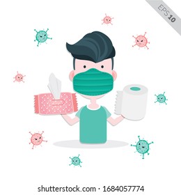 Buen ejemplo Hombres que sujetan el equipo de limpieza, tejido húmedo y rollo - Vector