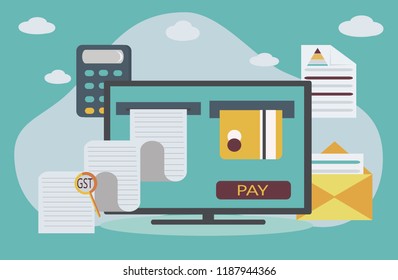 Good and Service Tax (GST) concept with finanical elements. Credit card, calculator, bills, e-mail, clowds are shown.