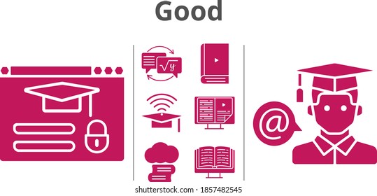 good set. included cloud library, cap, ebook, homework, student, login icons. filled styles.