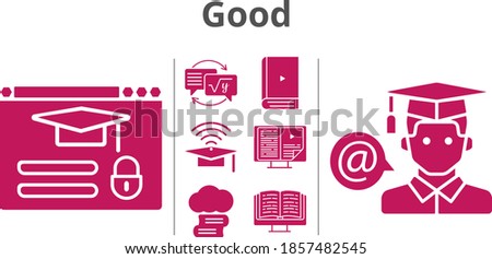 good set. included cloud library, cap, ebook, homework, student, login icons. filled styles.