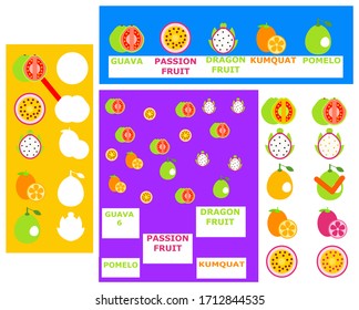 A good set with tasks for kids, which includes a learning card on the topic of exotic fruits, a task with matching fruits and silhouettes, a memory test and a math game