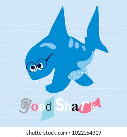 Good shark. A shark with a fish under the fin.