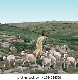 The Good Shepherd (John 10) - Sheep running as shepherd wards off wolves on hillside svg