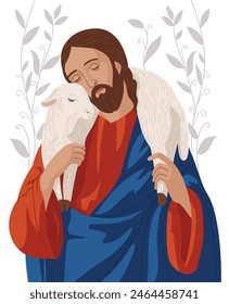 Good Shepherd.The story of Jesus Christ. Parable of the Lost Sheep.Vector religious illustration isolated on white