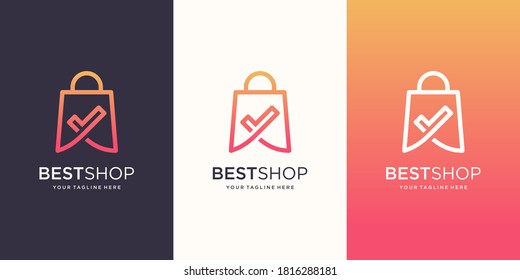 Modelo de diseños de logotipos de tienda, bolsa combinada con marca de verificación.