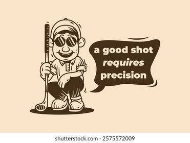 a good shot requires precision. Vintage golfer character holding a stick illustration