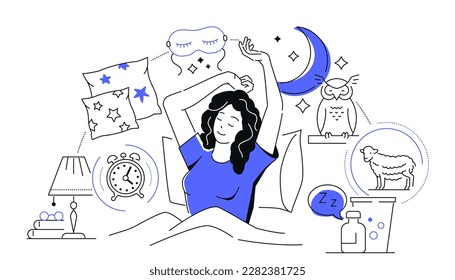 Good sleep - colorful line design style illustration on white background. A composition with a woman in bed, having a stretch. Images of pills, pillows, owl, alarm clock, mask, moon. Healthy lifestyle