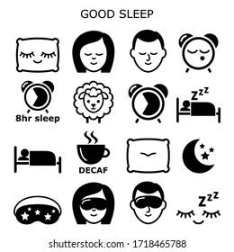 Good sleep hygiene, healthy sleep vector icons people sleeping at night design - health and lifestyle concept. Good night's sleep, avoiding insomnia, idea