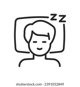 Icono de buen sueño. Signo aislado editable de contorno vectorial de una persona de contenido durmiendo, simbolizando el descanso pacífico y el sueño de calidad.