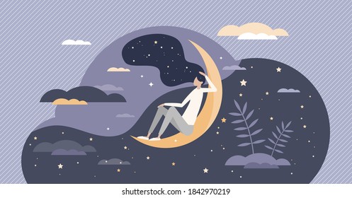 Good sleep at night moon with deep, sweet and healthy dreams tiny person concept. Sky with stars as calm and restful bedtime symbol vector illustration. Relaxing fantasy in comfortable REM state scene