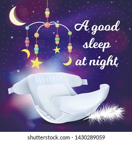 Good Sleep at Night Square Banner with Absorbent Diaper and White Feather under Hanging Toy on Starry Sky with Moon Background. 3D Vector Realistic Illustration for Packs, and Other Babies Production