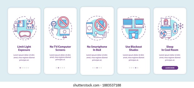 Good sleep recommendation onboarding mobile app page screen with concepts. Better dreaming walkthrough 5 steps graphic instructions. UI vector template with RGB color illustrations