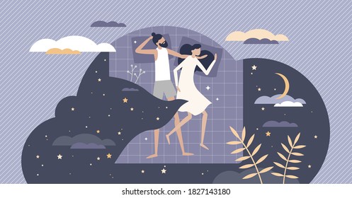 Good sleep as relaxation in bed at night for healthy rest tiny person concept. Deep and sweet dreaming and tight bedtime vector illustration. Comfortable pillow and blanket for couple wellness scene.