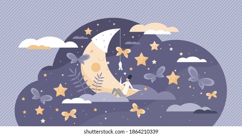 Good sleep scene with cute moon and female in sweet dreams fantasy tiny person concept. Night bedtime with deep relaxation below sky and stars vector illustration. Calm and healthy nap in moonlight.