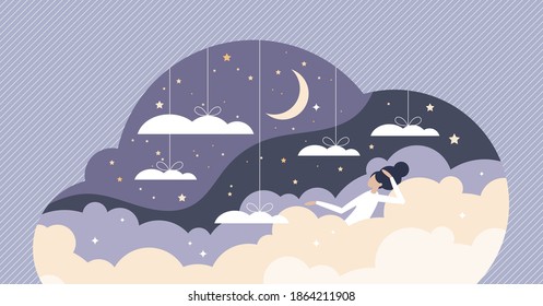 Good sleep scene with sweet dreams between clouds in sky tiny person concept. Floating female as soft and comfortable bed symbol for night bedtime vector illustration. Relaxation in moonlight scene.