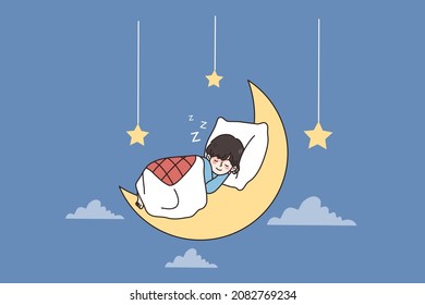 Good sleep and sweet dreams concept. Small kid with smile on face lying in bed on moon sleeping having sweet dreams with falling hanging stars from sky vector illustration 