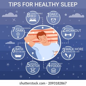 Good sleep tips. Better sleeping rules concept, care quality healthy dreaming, vector illustration. Sleep and relax to healthy good