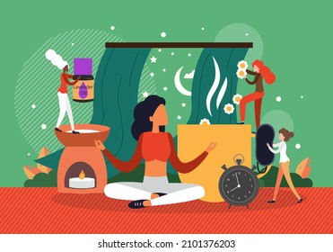 Good Sleep, Vector Illustration. Aromatherapy, Meditation, Relax, Herbal Tea. How To Get Healthy Sleep Concept.