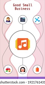 good small business editable infographic template with icons of folder, baggage, customer service, avatar, house, music player, network