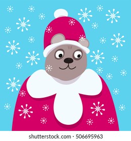 Good smiling bear in the clothes of Santa Claus. It's snowing.